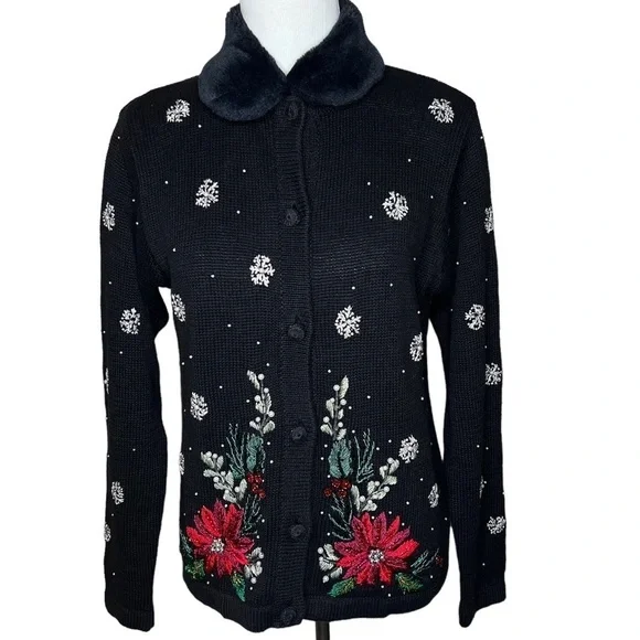 Victoria Jones Embellished Poinsettia Snow Flake Cardigan Removable Fur Collar M - Picture 14 of 14